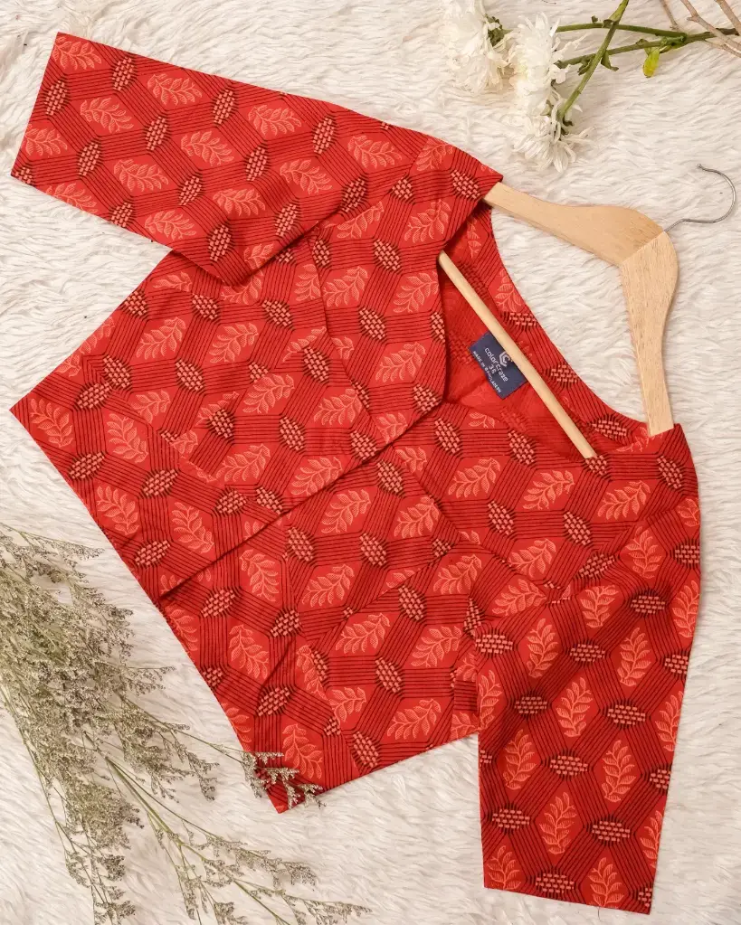 [0204] Dark Red Floral Design Screen Print Blouse (34).webp