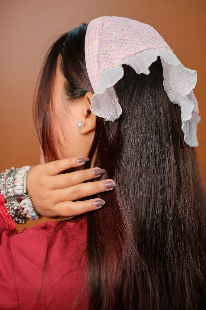 Baby Pink Check Daisy Hair Bandanna.webp