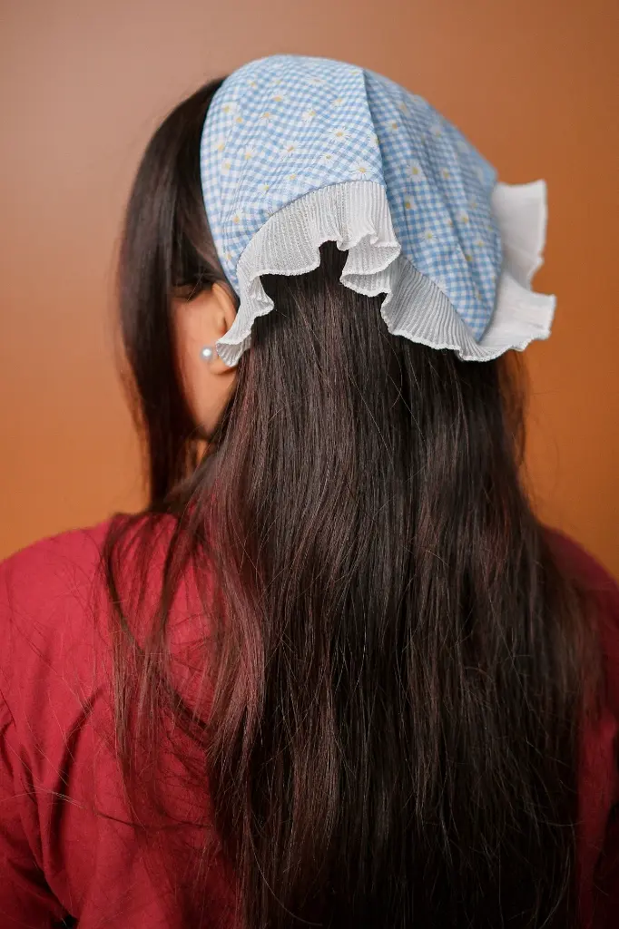 Sky Blue Check Daisy Hair Bandanna.webp