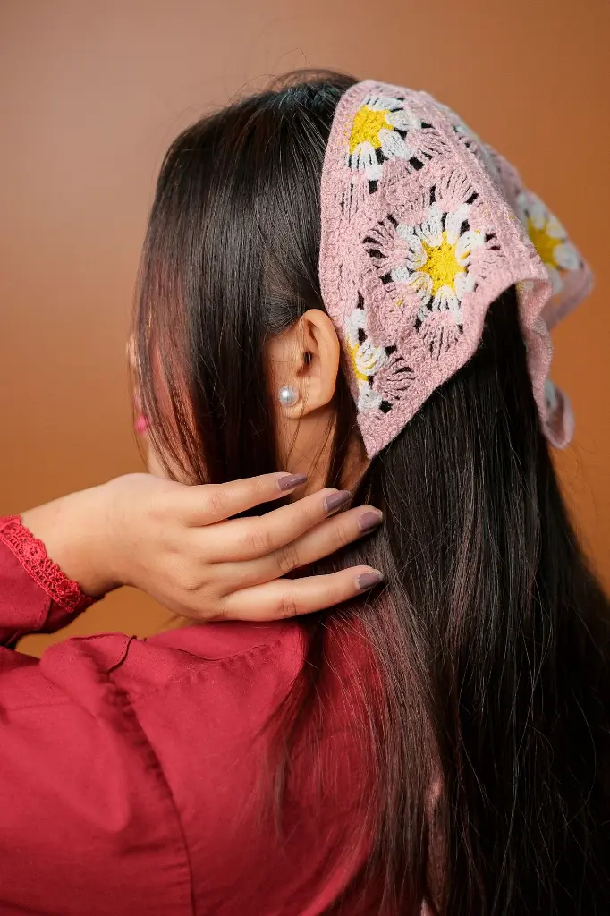 Mauve Pink Yellow White Flower Crochet Hair Bandanna.webp