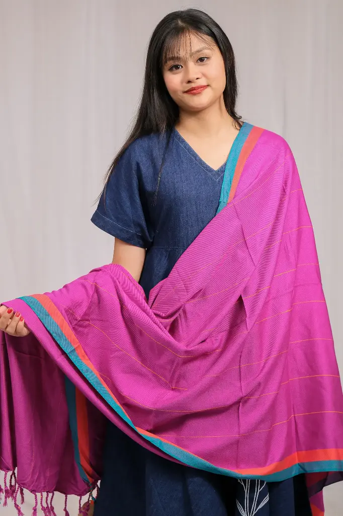 [1006] Magenta orange line sea green Viscose Shawl