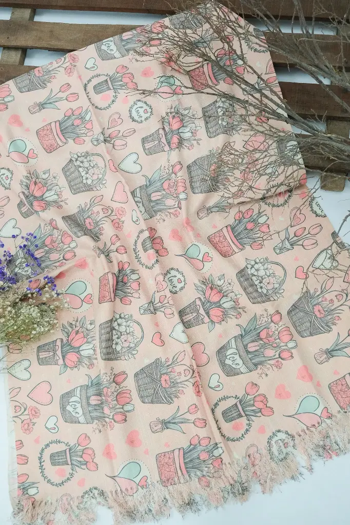 Pink Tulip Flower Heart Shape Design Digital Print Shawl