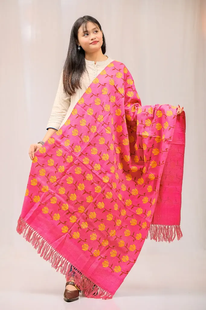 Pink Yellow Roses Screen Print Shawl