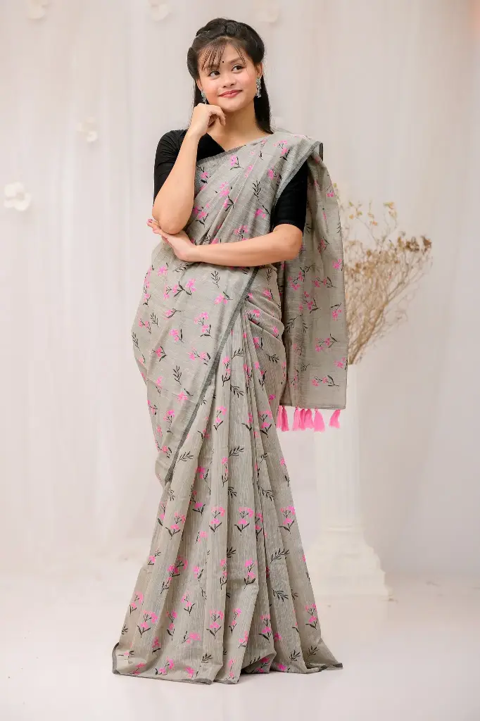 Light Grey Body Pink & Black Floral Screen Print Sharee