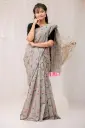 Light Grey Body Pink & Black Floral Screen Print Sharee