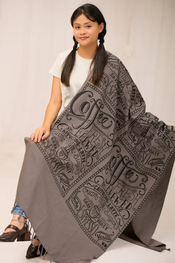 Ash Coffee Theme Screen Print Viscose Shawl
