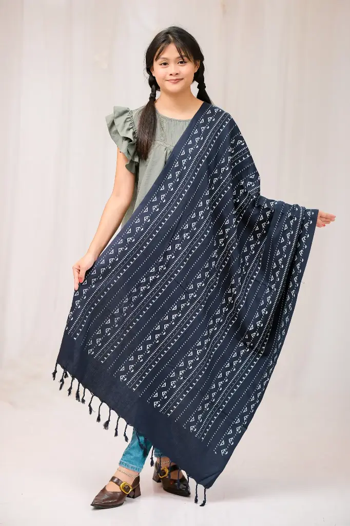 [1001] Royal Blue White Screen Print Shawl