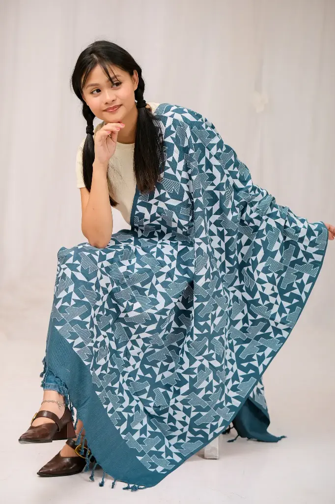 Sea Green Screen Print Viscose Shawl