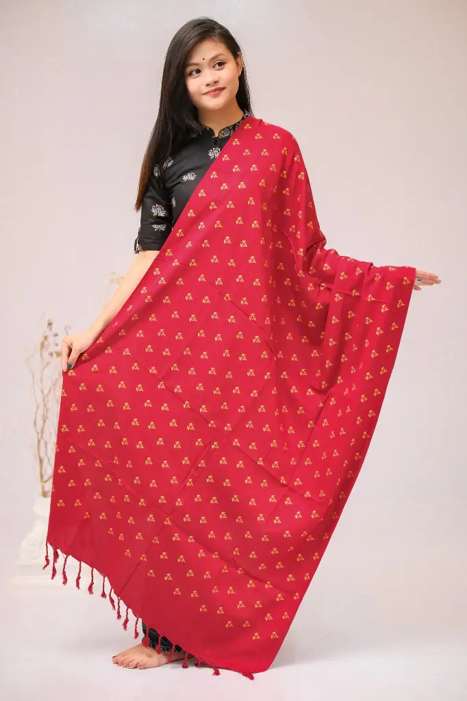 [1001] Maroom Golden Floral Design Screen Print Viscose Shawl