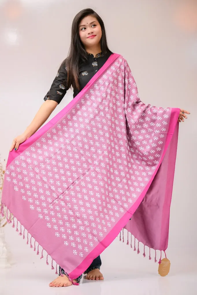 Pink White Floral Design Screen Print Viscose Shawl