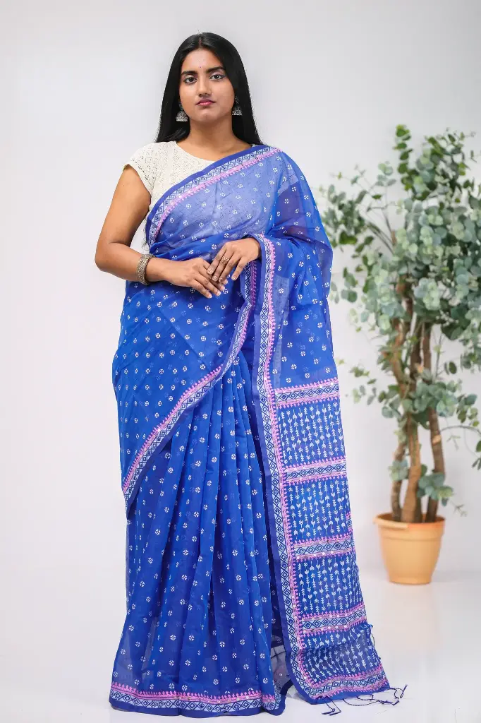 Royal Blue Body Small White Floral Design Sequin Screen Print Half Silk Sharee