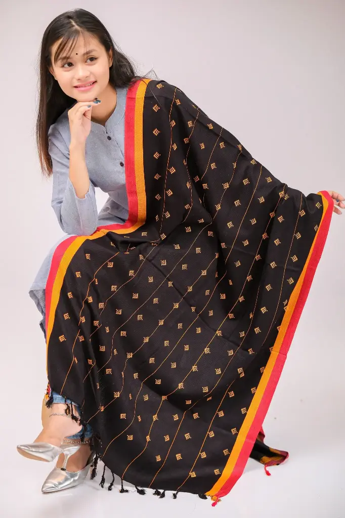 Black Red Yellow Border Screen Print Viscose Shawl