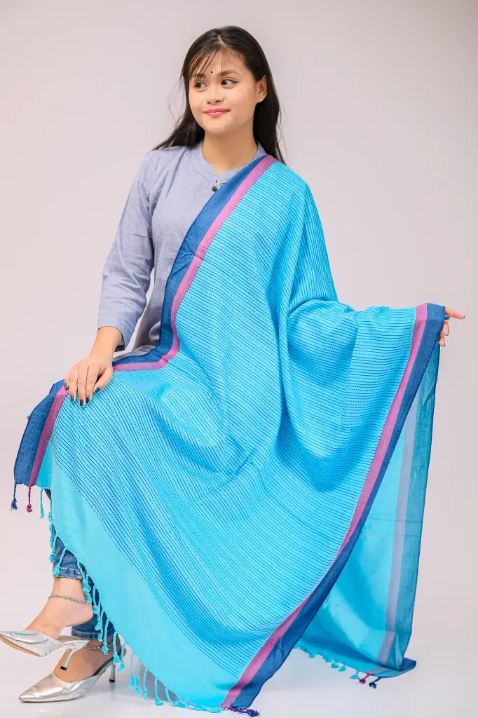 Sky Blue Navy Blue Magenta Border Screen Print Viscose Shawl