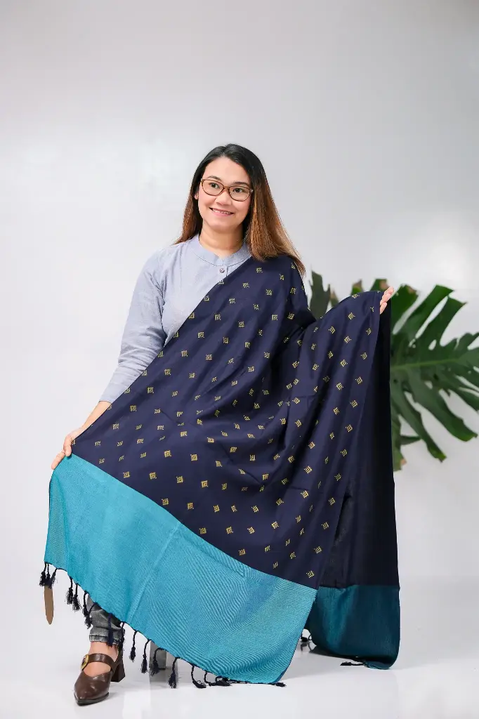 Navy Blue & Teal Green Dual Tone Screen Print Viscose Shawl