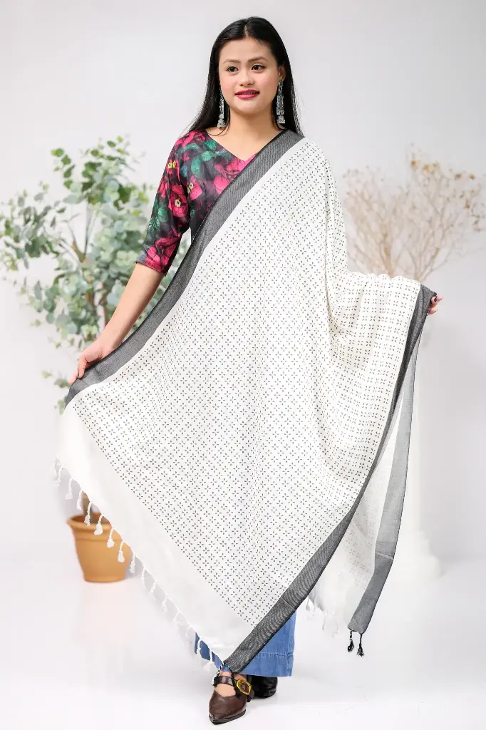 White Black Border Black Floral Screen Print Shawl