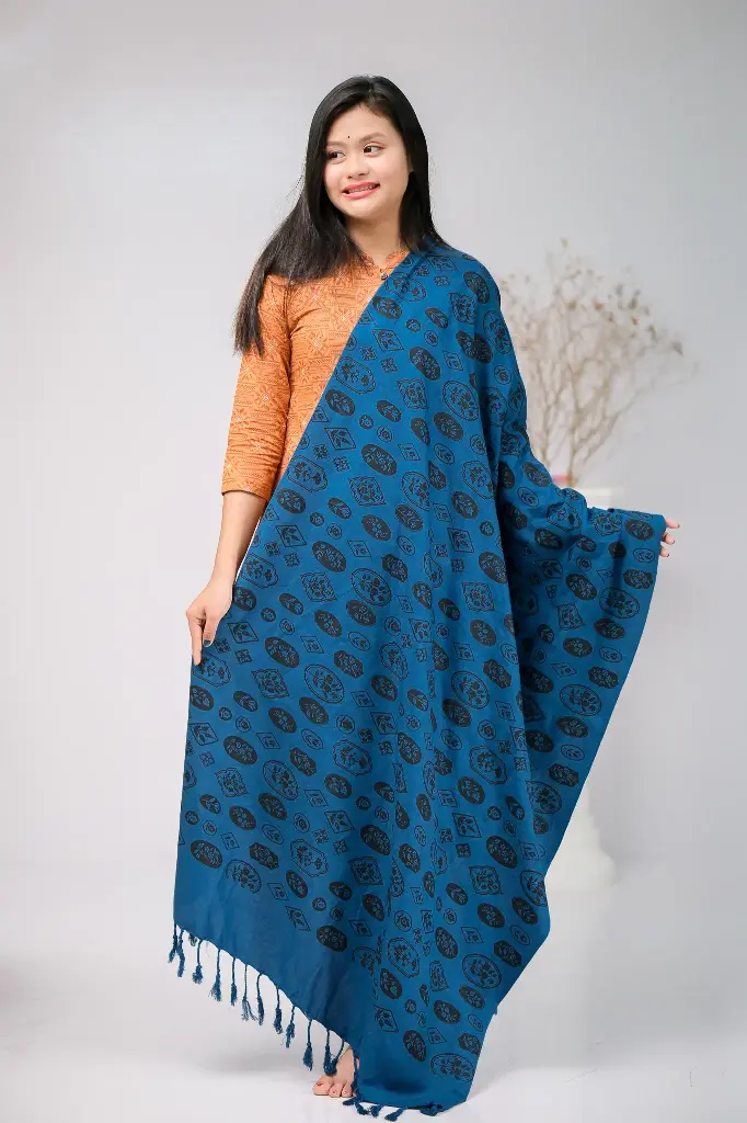 Teal Blue Boho Theme Screen Print Viscose Shawl