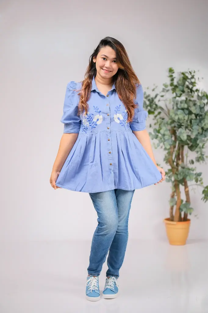 Denim Floral Embroidery Tops