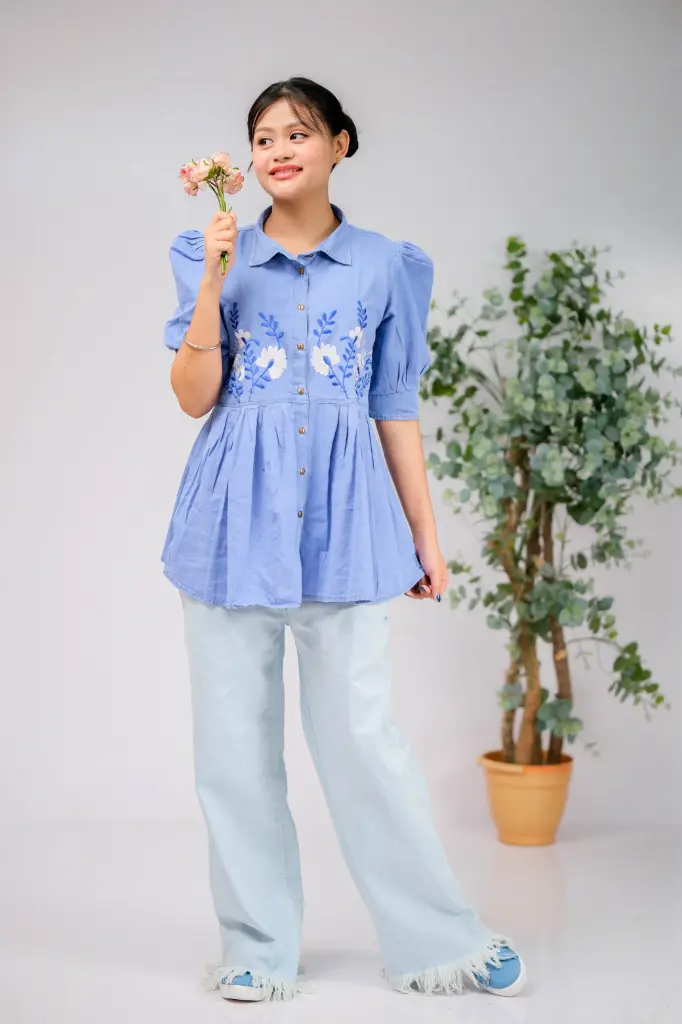 Denim Floral Embroidery Tops