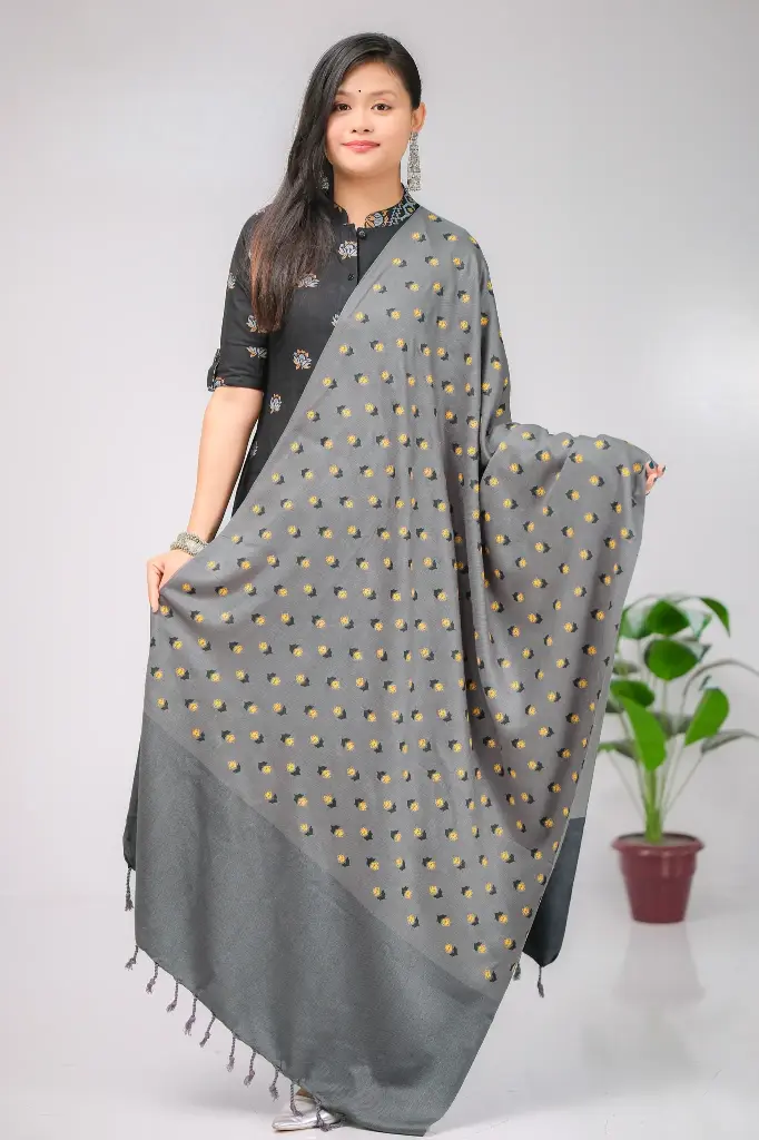 Ash Black Golden Small Floral Screen Print Shawl