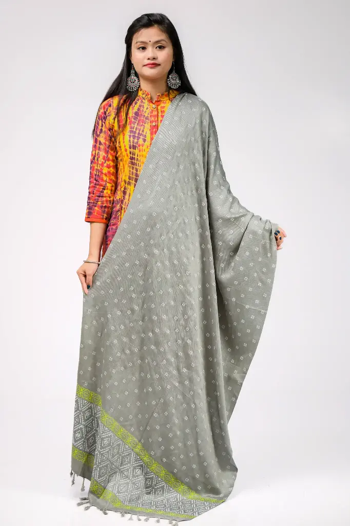 Grey White Yellow Design Block Print Shawl