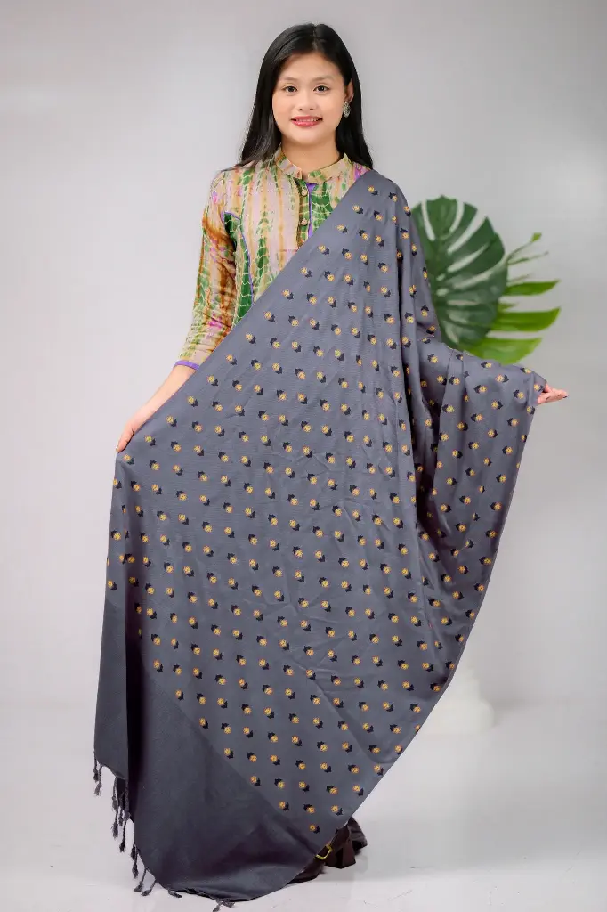 Grey Black Golden Small Floral Screen Print Shawl 