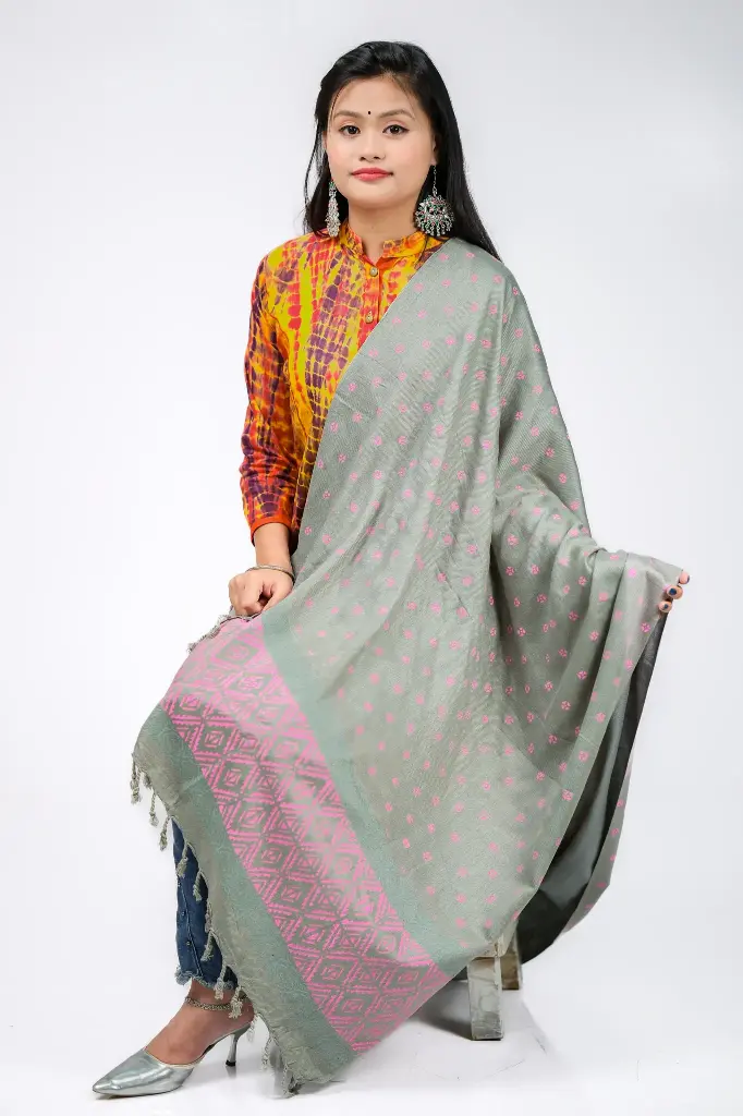 Olive Green Pink Small Floral Blcok Print Shawl 