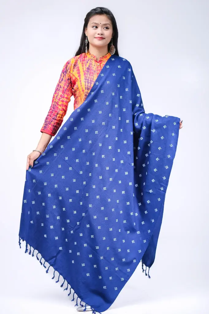 Navy Blue Small White Design Screen Print Shawl 