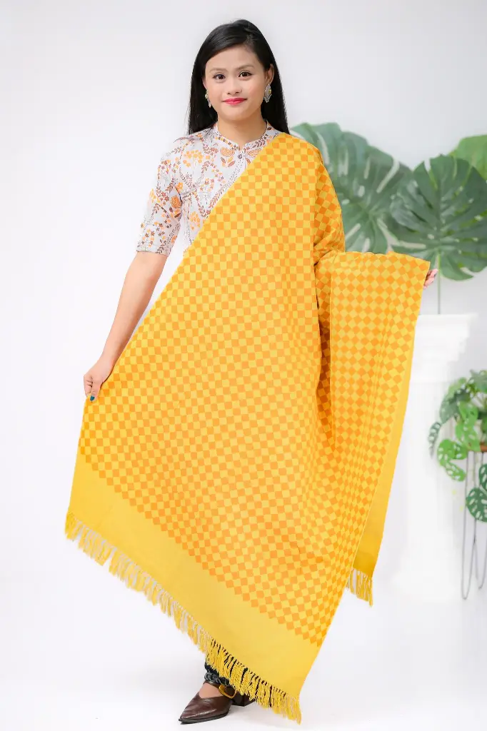 [1001] Light Mustard Yellow Small Dimond Shaped Check Screen Print Shawl