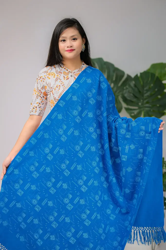 Royal Blue White Floral Pattern Screen Print Shawl