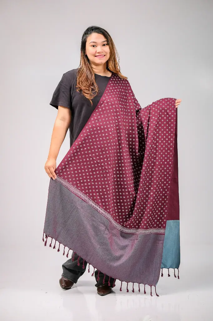 Deep Maroon White Star Design Screen Print Shawl