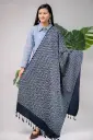 Deep Navy Blue Off White Floral Pattern Screen Print Shawl