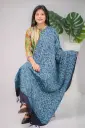 Deep Navy Blue Mint Green Floral Pattern Screen Print Shawl
