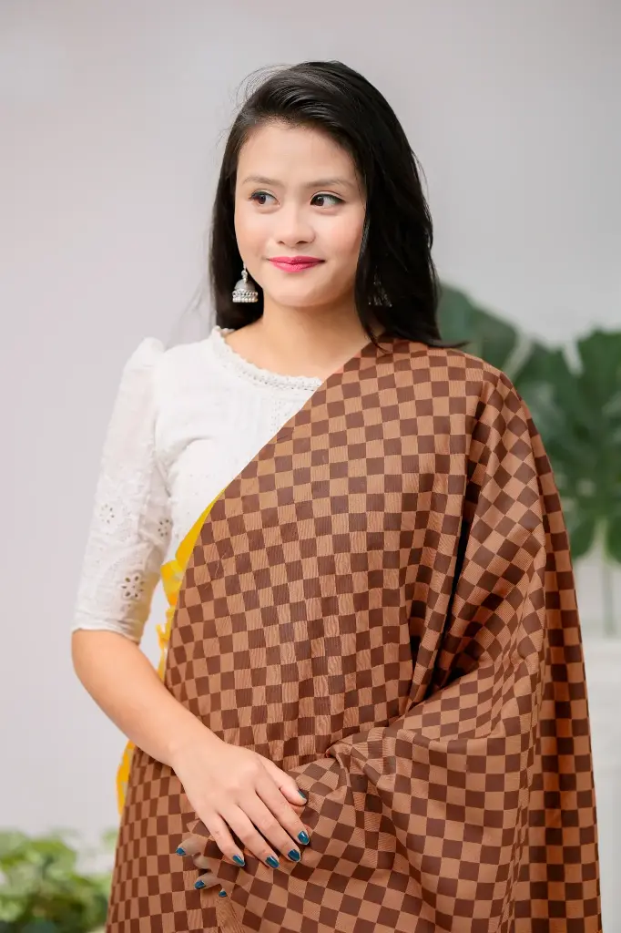 Light Brown & Dark Brown Small Dimond Shaped Check Screen Print Shawl