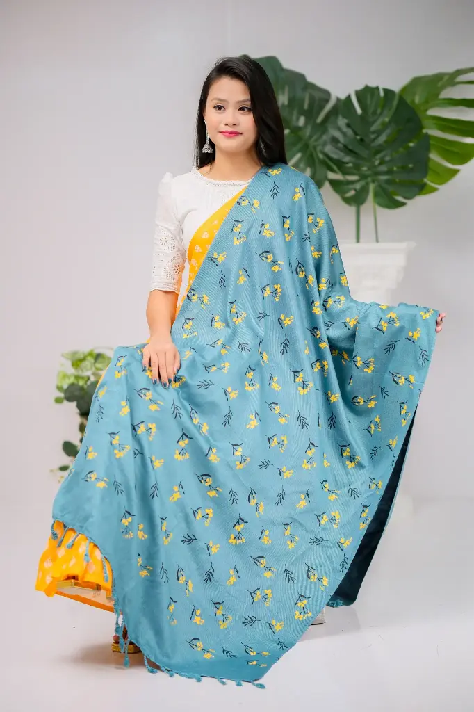 Teal Green Black and Yellow Floral Design Screen Print Shawl