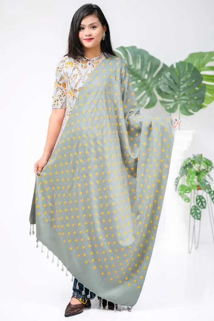 Dusty Olive Green Small Yellow Design Screen Print Shawl