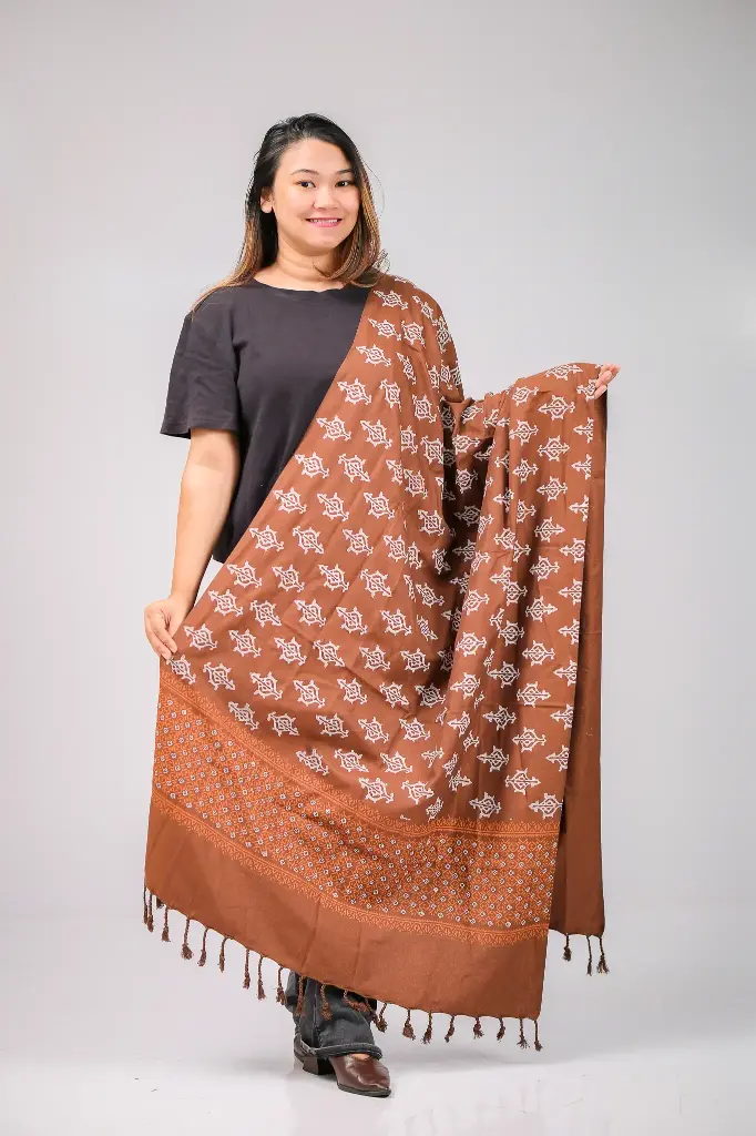 Dark Brown White Floral Design Block Print Shawl