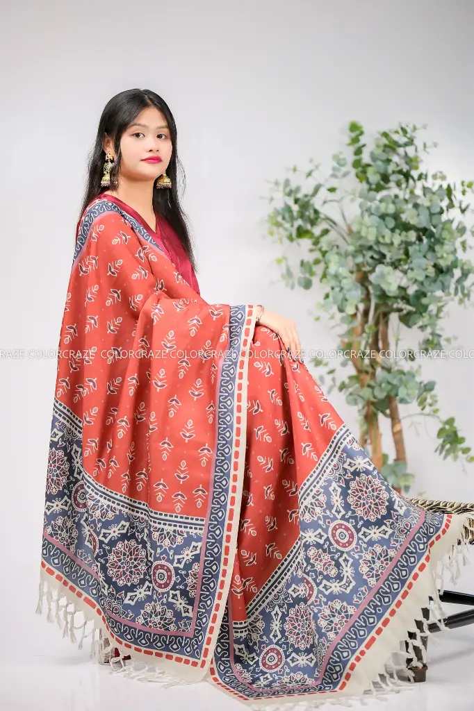 Burnt Orange & Navy Blue Floral Design Digital Print Viscose Shawl