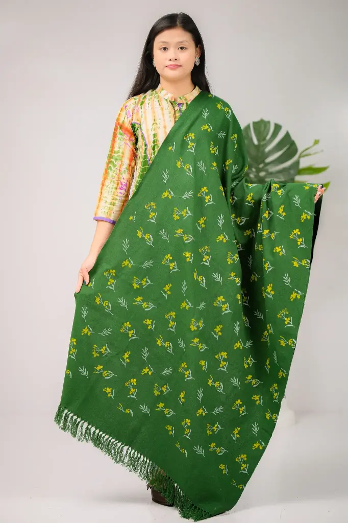 Deep Green Yellow Flower Design Screen Print Shawl