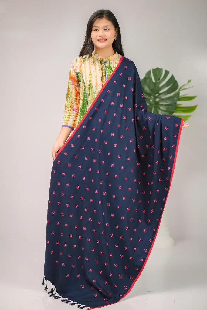 Dark Navy Blue Red Border Small Red design Screen Print Shawl
