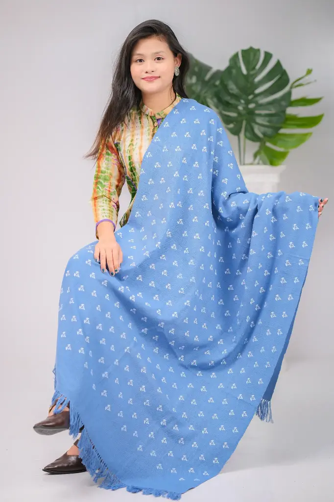 Teal Blue White Small Floral Design Screen Print Shawl