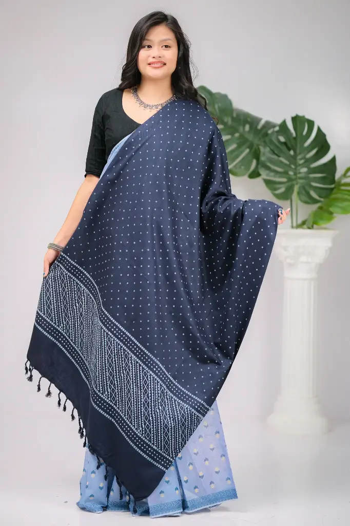 Dark Navy Blue White Small Dot Design Block Print Shawl