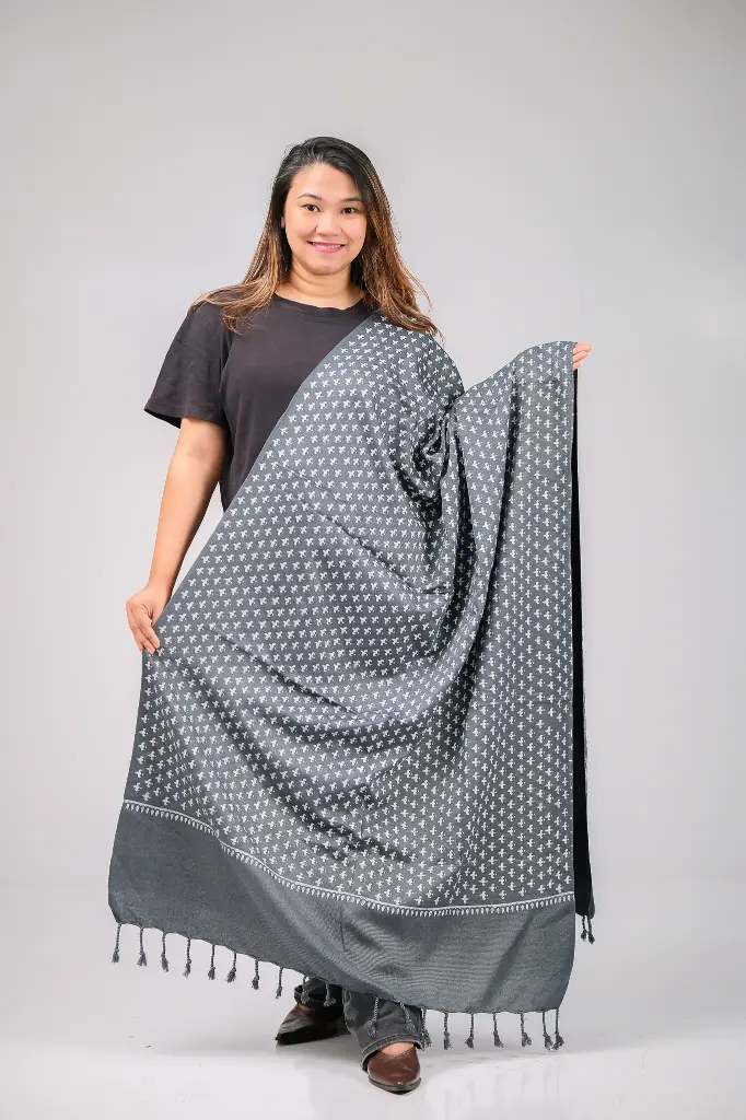 Dark Green White Small Bird Design Block Print Shawl