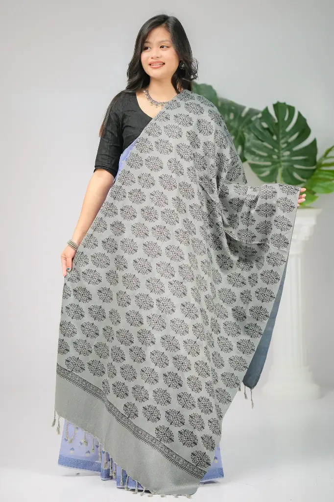 Lignt Gray Black Ornamental Design Block Print Shawl