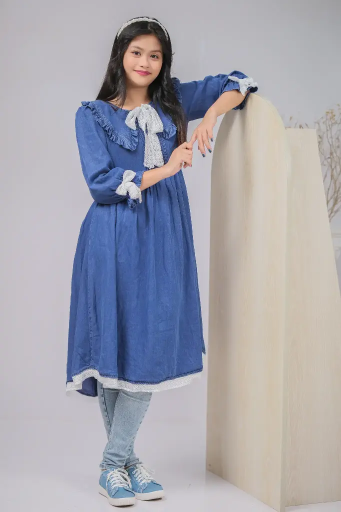 Denim Frock Peter Pan Collar & Cuff White Lace Bow 