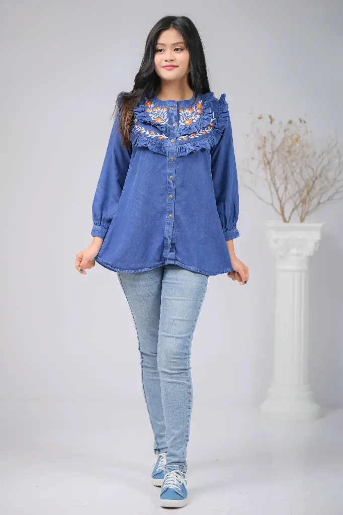 Denim Tops Victorian Collar Floral Embroidery Design