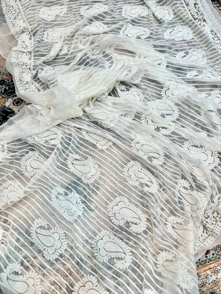 Off-White Pure Georgette Chickenkari Orna