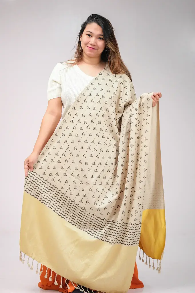 Cream Yellow Dual Tone Black Screen Print Shawl