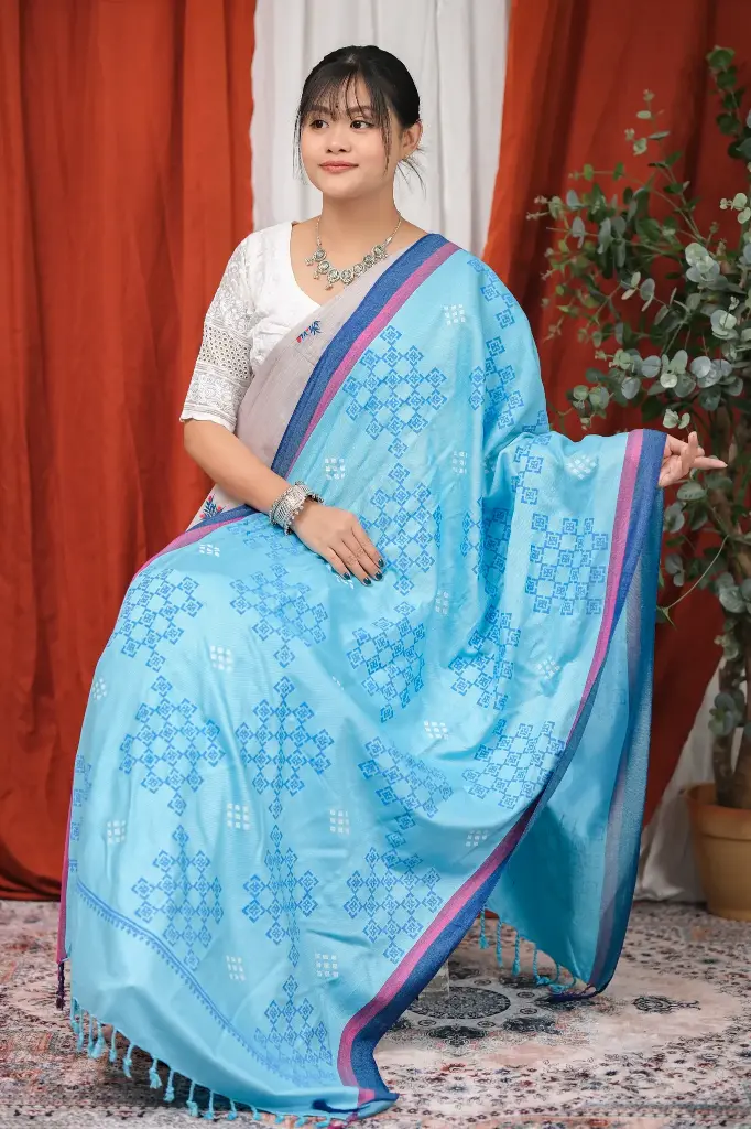 Aqua Blue Body Magenta & Navy Blue Border Blue Geometric Design Screen Print Shawl