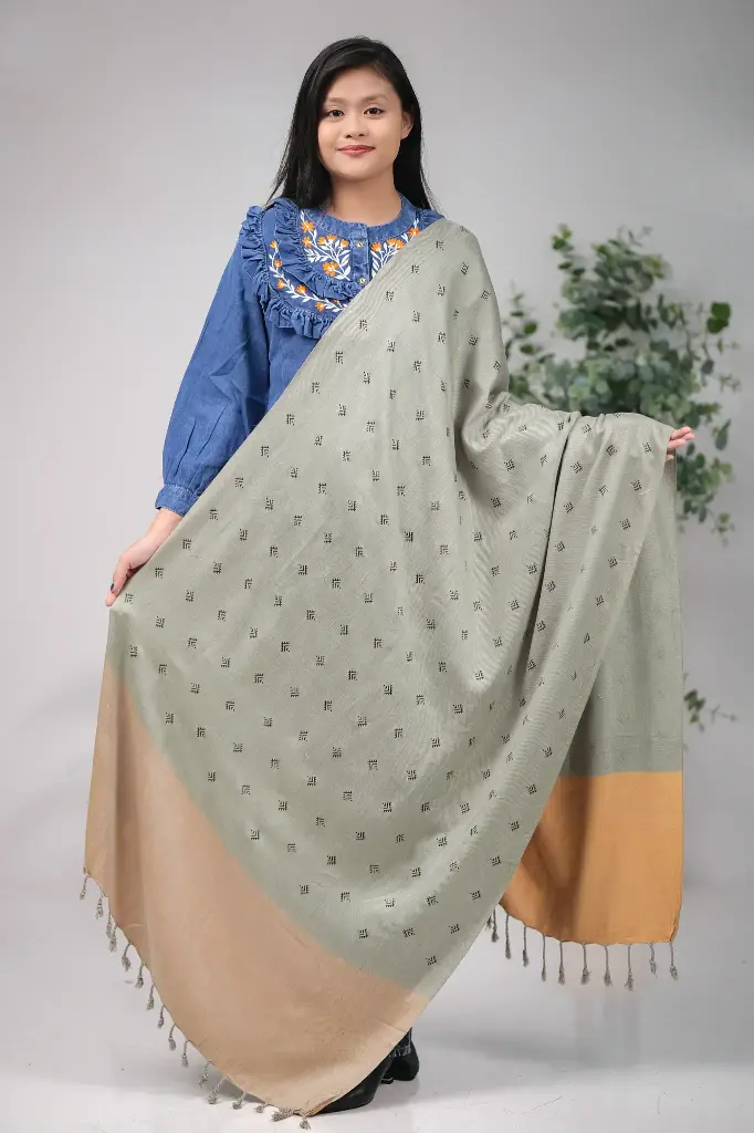 Ash Mustard Black Small Design Dual Tone Screen Print Viscose Shawl