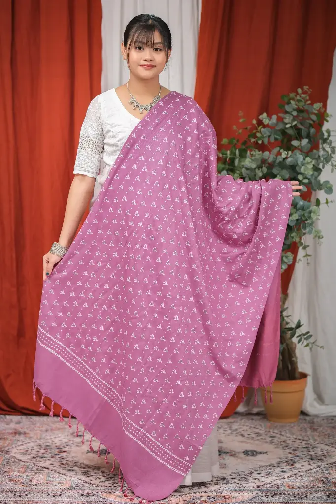 Deep Pink White Small Design Screen Print Viscose Shawl